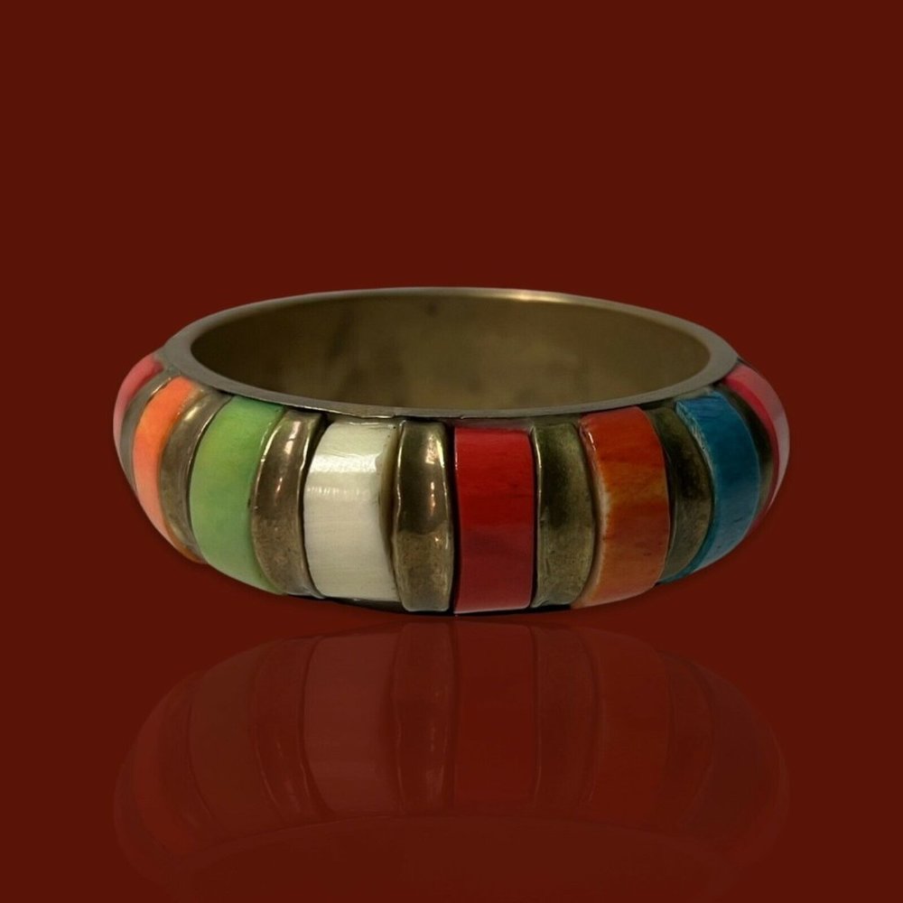Vintage Chunky Bangle Bracelet Rainbow INLAY Brass Tone Bone? Lucite? Bakelite?